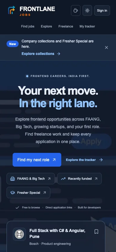 FrontlaneJobs public homepage on mobile
