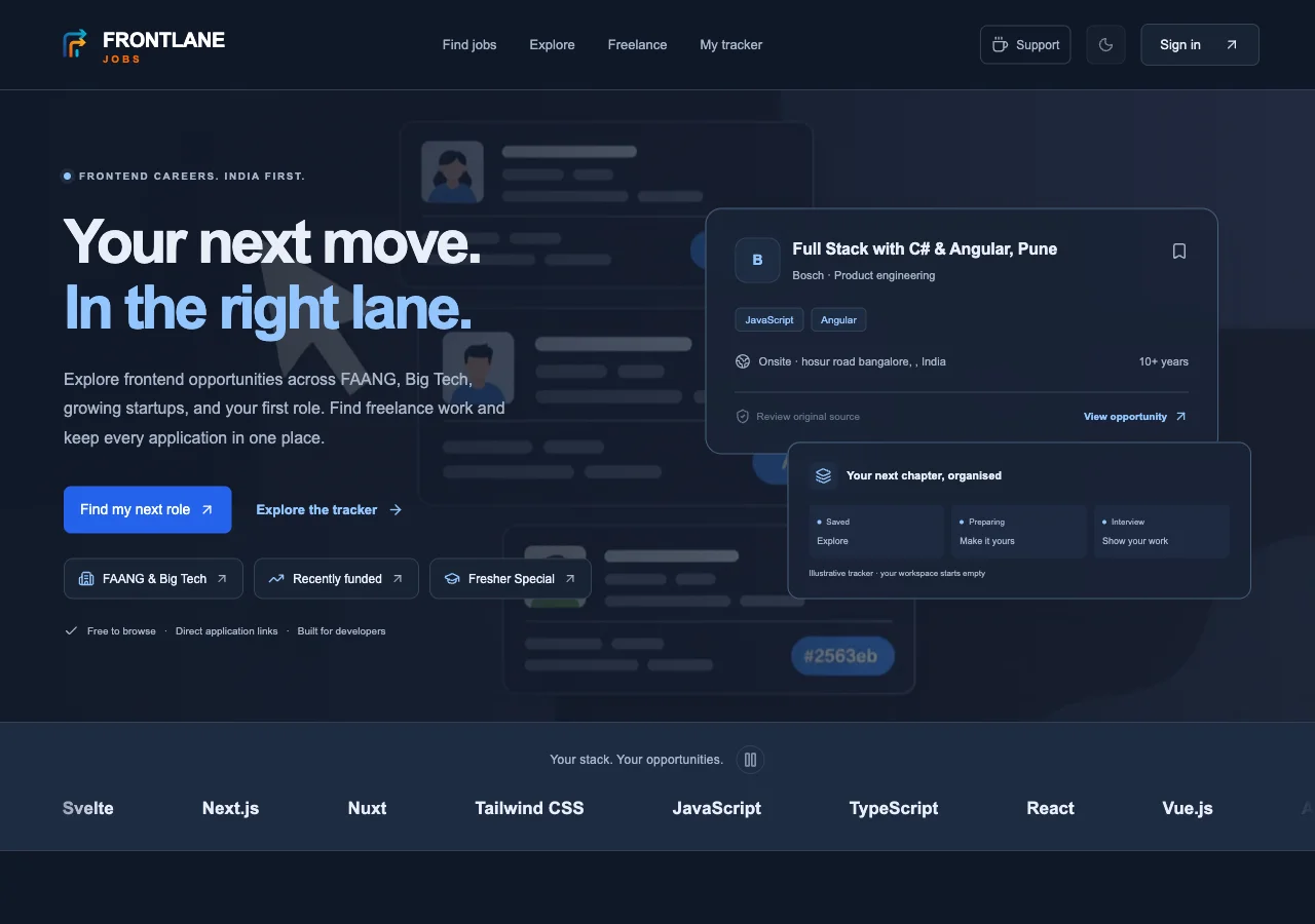 FrontlaneJobs public homepage on desktop